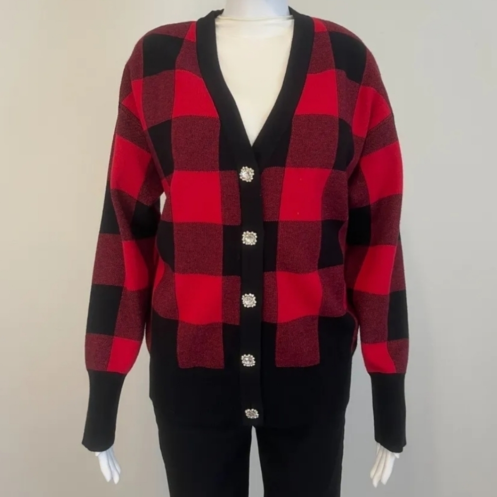 {Tommy Bahama} Buffalo Plaid Check Embellished Button Down Cardigan